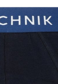 Ciemnoniebieskie bokserki o żebrowanej fakturze. Posiadają niebieski elastyczny pas z białym napisem "TECHNIK".