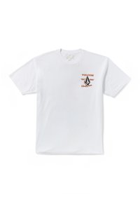 T-shirt en coton blanc avec un design de logo sur le devant en orange et noir. Manches courtes et col rond. Coupe standard sans motifs.