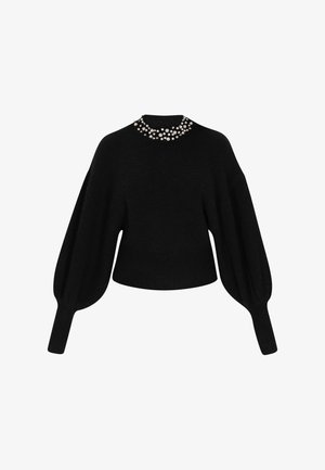 Zwarte lange mouwen trui met opgeblazen mouwen en een hoge halslijn versierd met gegroepeerde parel- en strassversieringen.