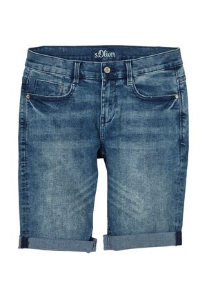 Donkere blauwe denim shorts met omgeslagen zoom, voorzien van vijf zakken en een logo op de tailleband. Gestructureerde stof met een vervaagde uitstraling.