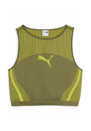 Zielony i żółty bezrękawnik Puma crop top z paskowanymi i kropkowanymi wzorami oraz logo Puma na środku klatki piersiowej.