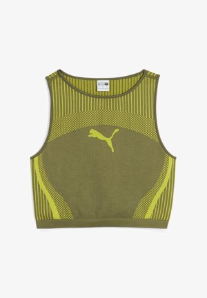Groen en geel mouwloos Puma crop top met gestreepte en gestippelde patronen en Puma-logo gecentreerd op de borst.