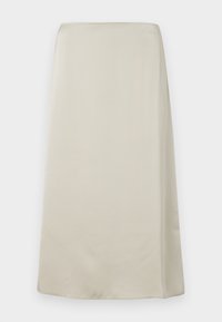 Μια φούστα με ψηλή μέση και μήκος ως το γόνατο σε μια απαλό μπεζ χρώμα, με μαλακό και λείο ύφασμα, μινιμαλιστικό σχέδιο και χωρίς ορατά διακοσμητικά.