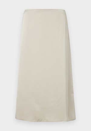 Μια φούστα με ψηλή μέση και μήκος ως το γόνατο σε μια απαλό μπεζ χρώμα, με μαλακό και λείο ύφασμα, μινιμαλιστικό σχέδιο και χωρίς ορατά διακοσμητικά.