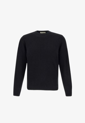 Maglione nero a collo tondo in maglia, con maniche lunghe, polsini e orlo a coste. Texture morbida, design minimalista, senza motivi o accenti visibili.
