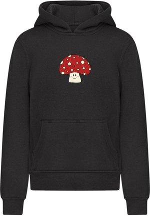 Czarna bluza z kapturem, wykonana z bawełny, z przednią kieszenią. Zawiera grafikę czerwonego grzyba z białymi kropkami i uśmiechniętą twarzą.