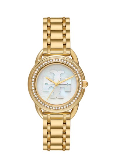 Gold-tone wristwatch with linked band, crystal-studded bezel, mother-of-pearl dial, and large symmetrical logo at center.