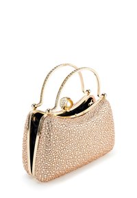 Glamouröse Clutch-Tasche mit einem äußeren Design aus rosa Edelsteinen, goldenen Beschlägen und zwei geschwungenen Griffen mit einem dekorativen Verschluss. Glänzendes schwarzes Innenfutter.
