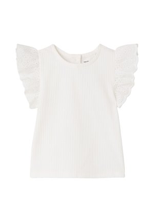 White ribbed short-sleeve top with round neckline and eyelet lace ruffle sleeves for girls.