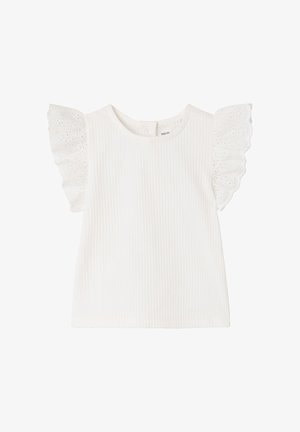 White ribbed short-sleeve top with round neckline and eyelet lace ruffle sleeves for girls.