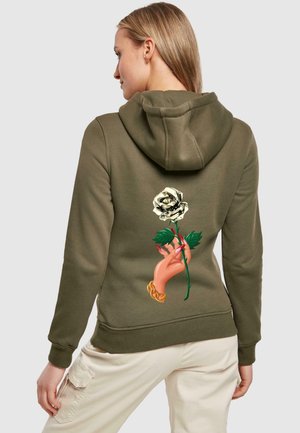 Olive green hoodie with a front pocket, featuring a graphic of a hand holding a rose on the back, detailed with red nails and a gold chain.