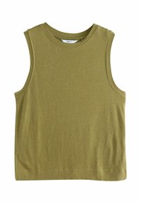 Top senza maniche verde oliva realizzato in tessuto morbido, con scollatura rotonda e orlo dritto, caratterizzato da una superficie liscia e uniforme.