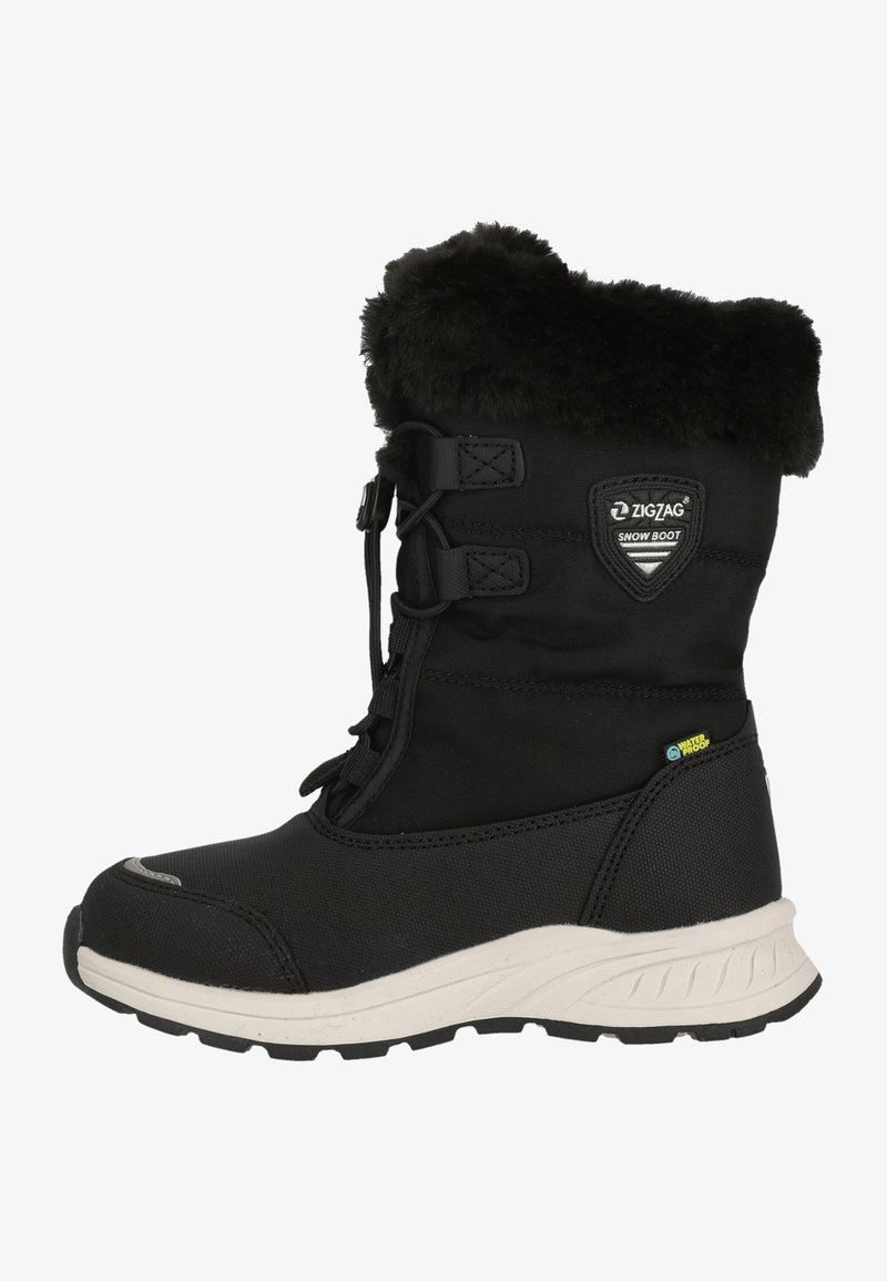 Sort sne boots med vandtæt stof, syntetisk pelskant øverst, tyk sål og snørebånd for en sikker pasform. Har logo på siden.