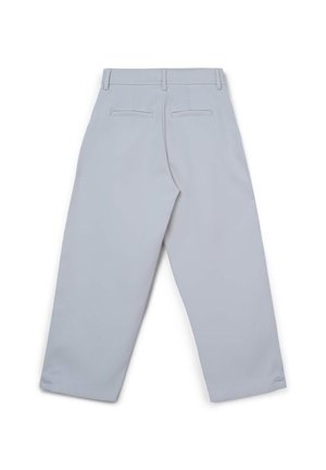 Pantaloni grigio chiaro con design a gamba dritta, dotati di due tasche posteriori e una trama liscia. Nessun dettaglio metallico o motivi visibili.