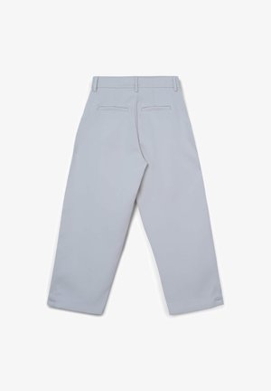 Pantaloni grigio chiaro con design a gamba dritta, dotati di due tasche posteriori e una trama liscia. Nessun dettaglio metallico o motivi visibili.