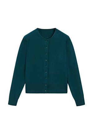 Cardigan color turchese, scollo rotondo, maniche lunghe, chiusura frontale con sette bottoni, tessuto a maglia testurizzato, orlo corto.
