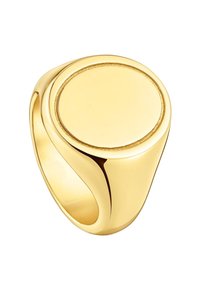 Gold signet ring with a smooth, oval flat top and polished thick band on a white background.