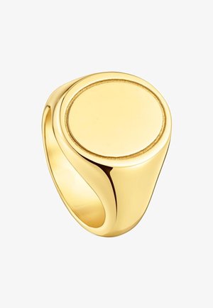 Anello sigillo d'oro con una parte superiore liscia e piatta di forma ovale e fascia spessa e lucida su sfondo bianco.