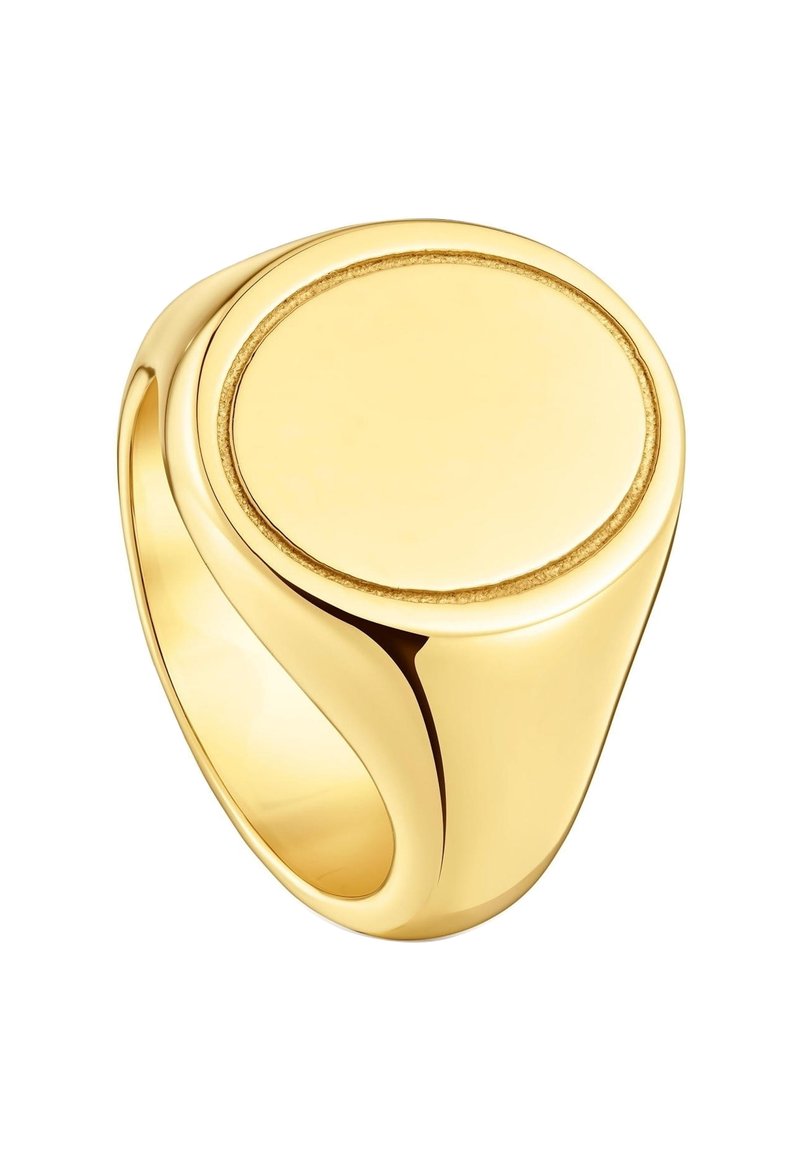 Gold signet ring with a smooth, oval flat top and polished thick band on a white background.
