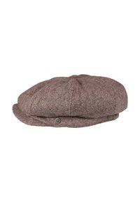 Bruine tweed pet met een ronde vorm, knoopdetail aan de zijkant en een gebogen rand. Gelaagd stof met een subtiel patroon door het geheel.