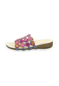 Slide sandal with a cork footbed. Features colorful circular embellishments in pink and orange on a blue strap design. White outsole.