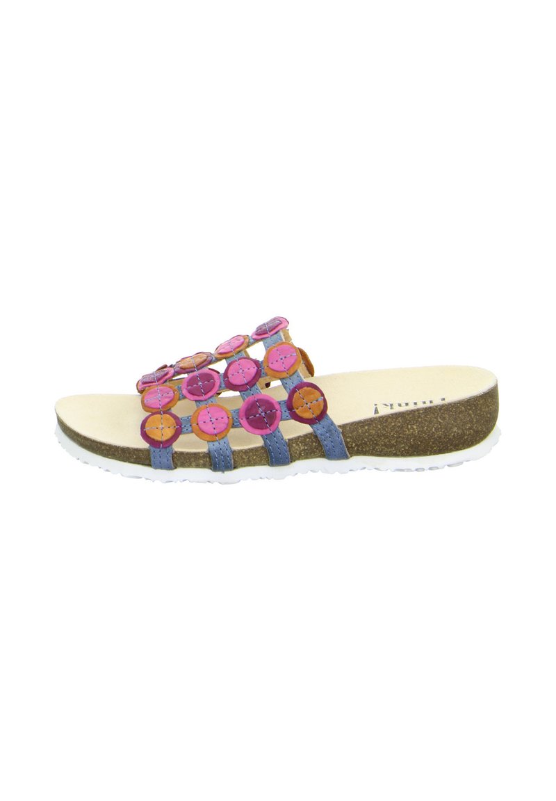 Slide sandal with a cork footbed. Features colorful circular embellishments in pink and orange on a blue strap design. White outsole.