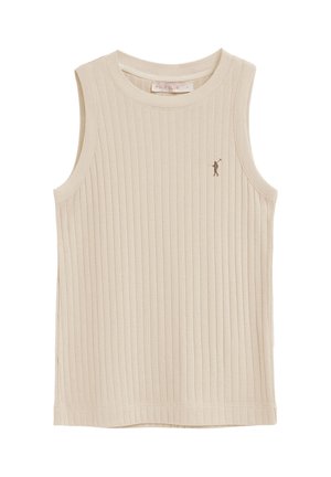 Haut sans manches beige en tricot côtelé avec col rond et petit logo de joueur de polo marron sur le côté gauche de la poitrine.