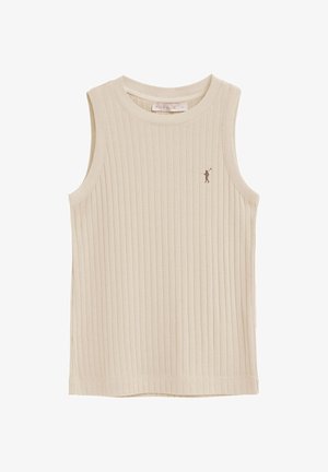 Haut sans manches beige en tricot côtelé avec col rond et petit logo de joueur de polo marron sur le côté gauche de la poitrine.
