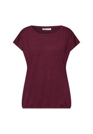 Short-sleeve women's top in deep burgundy with round neckline and elastic hem, shown flat on white background.