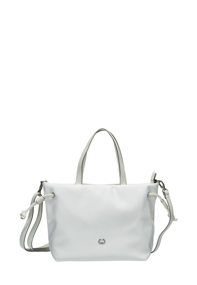 Borsa tote bianca realizzata in materiale testurizzato, con due manici superiori e una tracolla regolabile, dotata di un piccolo logo sul davanti.