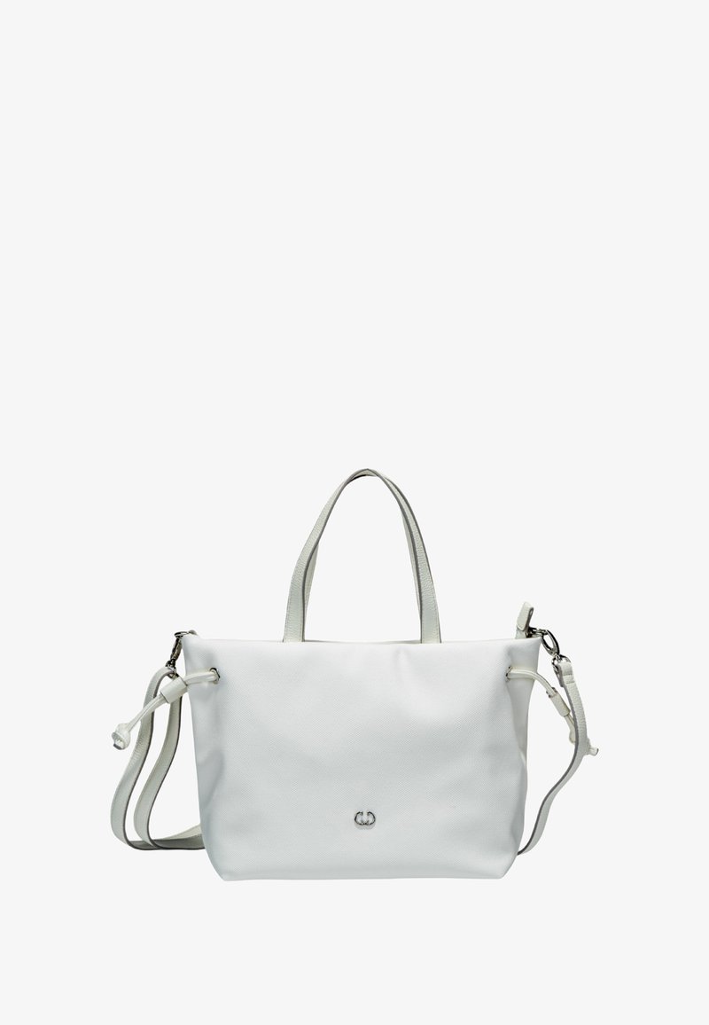 White tote bag made of textured material with two top handles and an adjustable shoulder strap, featuring a small logo on the front.