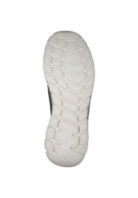 Baskets noires avec une semelle en caoutchouc texturé blanche. La semelle présente de profondes rainures et un motif de grip pour l'adhérence. Taille 42.