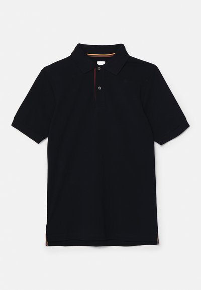 Marineblå polo t-shirt lavet af bomuld, med en klassisk krave, to knapper og diskrete røde og gule striber på den indvendige hals.
