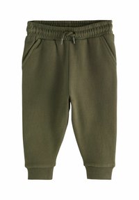 Olive green dresowe spodnie wykonane z miękkiego materiału, z elastyczną talią ze sznurkiem, dwiema bocznymi kieszeniami i ściągaczami przy nogawkach.