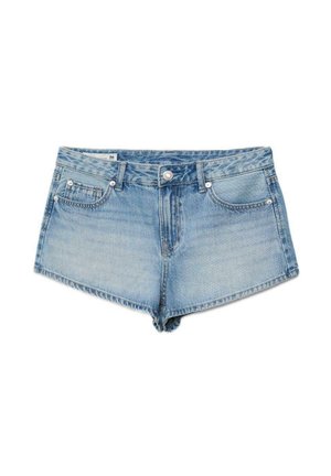 Hellblaue Jeansshorts mit vorderer Knopfleiste, Reißverschluss und Fünf-Taschen-Design, Größenetikett 36 innen am Bund sichtbar.