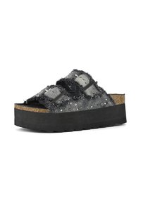 Black platform sandals with two adjustable straps, made of frayed denim and adorned with silver studs. Cork footbed and textured rubber sole.