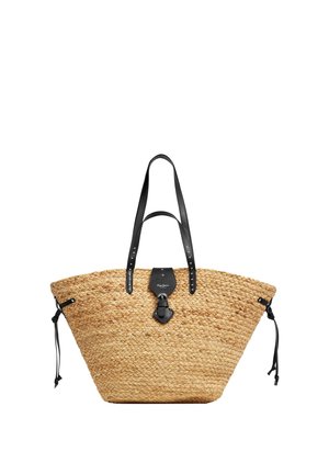Flettet stråtaske med sorte læderhåndtag, spænde lås og justerbare sidelukninger, designet til afslappet brug eller strandbrug.