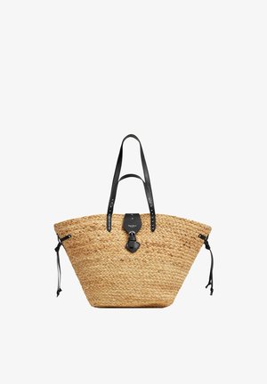 Bolso tote tejido de paja con asas de cuero negro, cierre de hebilla y cordones laterales ajustables, diseñado para uso casual o de playa.