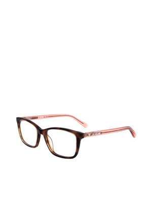 Montatura rettangolare in tartaruga con aste rosa traslucide, con il marchio "Love Moschino" sulle aste.