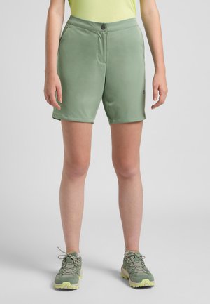 Grüne Shorts aus leichtem, dehnbarem Material mit seitlichen Taschen, einem Knopfverschluss und einem Saum, der knapp über dem Knie endet.