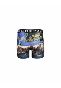 Boxer-briefs présentant un design coloré avec un graphique de billet de banque, une image de skyline, et une ceinture noire avec le texte "PULLIN."