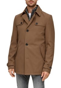 Brauner Wollmischung-Peacoat mit strukturiertem Kragen, doppelt gefüttertem Design, großen schwarzen Knöpfen und seitlichen Taschen. Texturiertes Innenfutter.