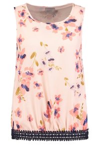 Bezrukávový květinový top ve světle rů�žové látce s modrými a žlutými květinami. Obsahuje nařasený krajkový lem v námořnické modři pro dodatečný detail.
