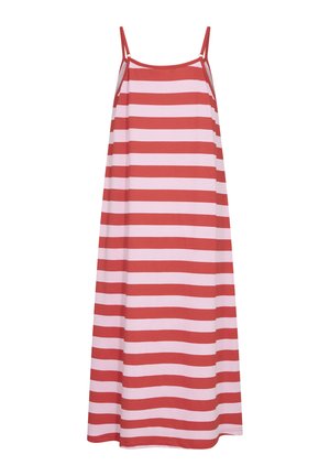 Robe rayée présentant des rayures horizontales rouges et roses, faite d'un tissu léger, avec des bretelles spaghetti et une silhouette décontractée.