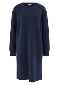 Marinblå sweatshirtklänning gjord av mjukt tyg, med rund hals, långa ärmar och sidofickor för ökad rörelsefrihet.