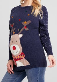 Pull tricoté bleu marine avec un motif de renne au nez rouge, une écharpe colorée et des accents d'étoiles, agrémenté de motifs à pois sur les manches.