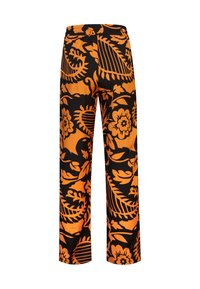 Zwarte broek met een oranje bloemen- en bladenpatroon. Elastische tailleband, rechte pijpen en een gladde textuur.