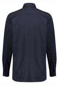 Donkerblauwe lange mouw overhemd met een puntige kraag, dichtgeknoope manchetten en een gladde textuur, ontworpen met een standaard pasvorm en zonder patronen.
