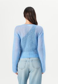 Lichtblauw, mohairblend trui met een aansluitende taille en lange mouwen, met een doorschijnende textuur en een driehoekpatroon op de rug.