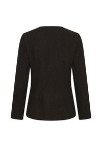 Veste noire cintrée à manches longues avec un design simple à l'arrière, sans boutons visibles ni ornements, vue de dos.